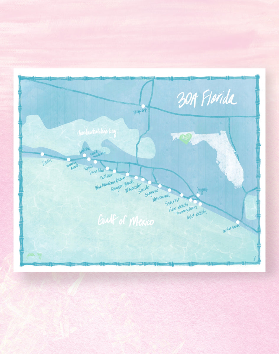 Watercolor illustration of 30A map