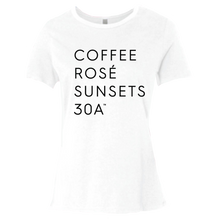Load image into Gallery viewer, Ladies White &amp; Black &quot;Coffee Rosé Sunsets 30A™&quot; Tee