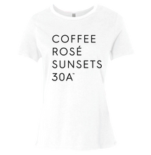 Load image into Gallery viewer, Ladies White & Black "Coffee Rosé Sunsets 30A™" Tee