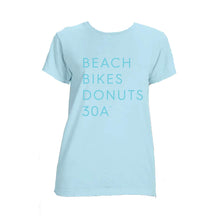 Load image into Gallery viewer, Ladies Blue & Turquoise "Beach Bikes Donuts 30A™" Tee