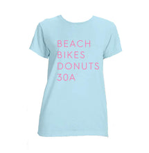 Load image into Gallery viewer, Ladies Blue & Turquoise "Beach Bikes Donuts 30A™" Tee