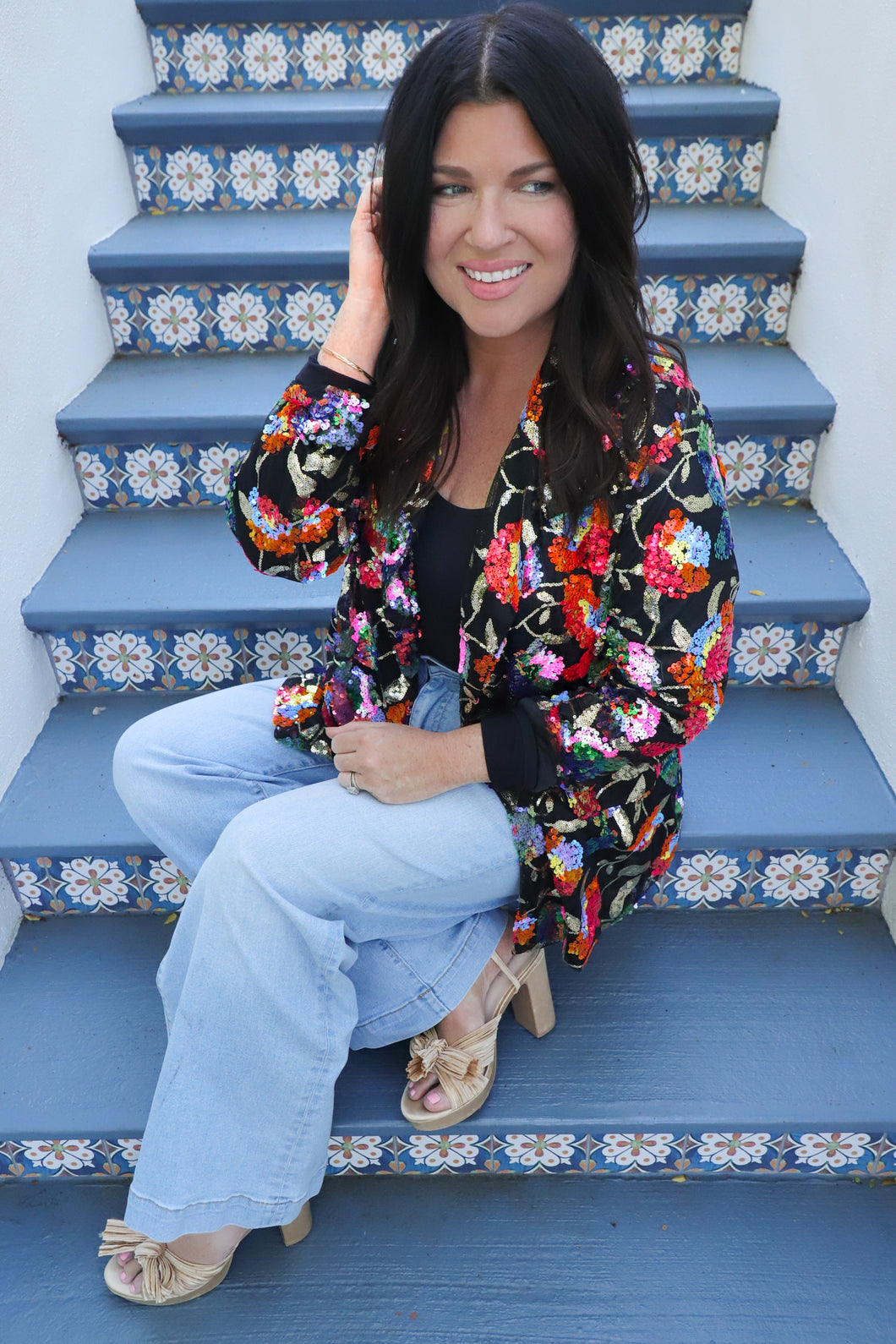 Black Floral Sequin Blazer