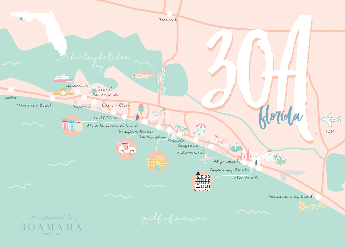 Colorful illustration map of 30A