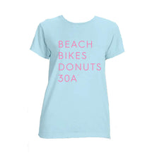 Load image into Gallery viewer, Ladies Blue &amp; Turquoise &quot;Beach Bikes Donuts 30A™&quot; Tee